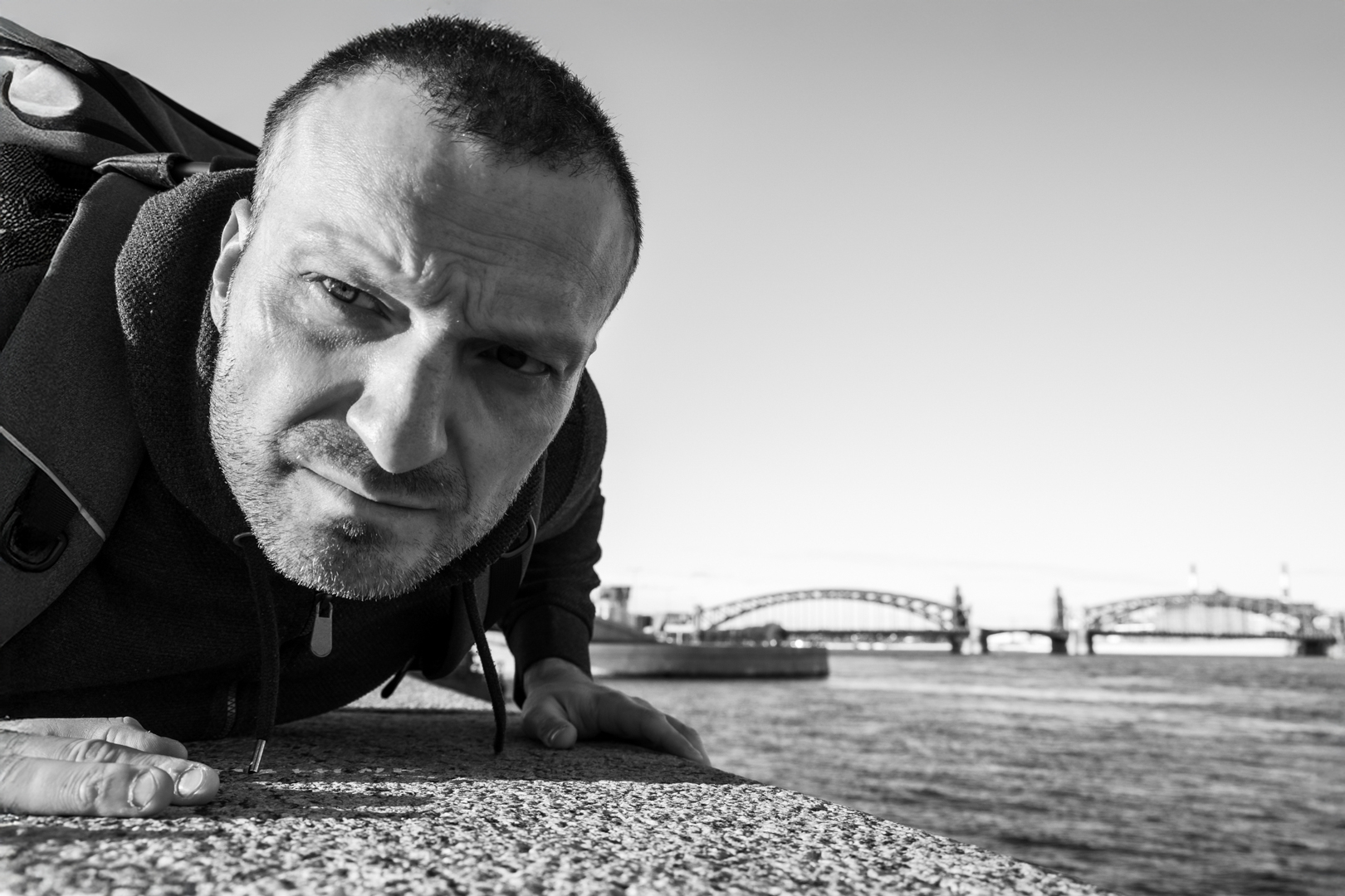 Black and white self portrait of Aleksandar Tomovski